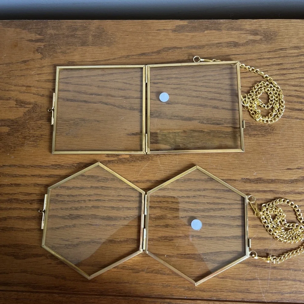 Metal Hinged Floating Frames Pressed Flowers Lot Of 2 Gold Tone Hexagon Diamond